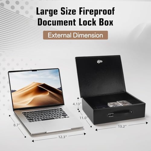 Fireproof Document Box with Key Lock – Fire Resistant Safe Box for Home, Portable Lock Box for Personal Items, Passport, Cash, Tablet, 13.2" x 11" x 4.13" Black XL - Image 2