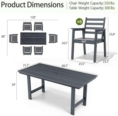 7-Piece Outdoor Dining Set, All-Weather HDPE Patio Furniture, 66.5" Slatted Table with 1.6" Umbrella Hole & 6 Ergonomic Armchairs, Heavy Duty 350lbs Capacity, UV Resistant, Gray - Image 4