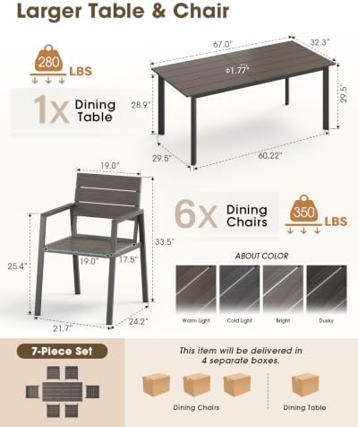 Outdoor Dining Set for 6, Aluminum Patio HDPS Outdooor Table and Chairs Set with Umbrella Hole, All Weather Patio Furniture Set, 7 Peice Patio Dining Table Set (Charcoal) - Image 2