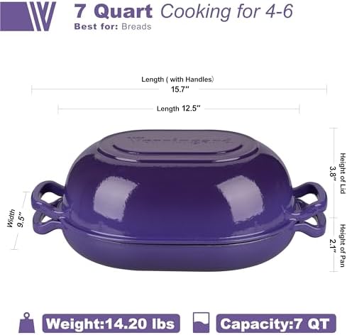 VORRINGARD Enameled Cast Iron Sourdough Bread Oven, Dutch Oven, Loaf Cast Iron Bread Pan for Homemade Bread Baking, Meatloaf Pan with Lid, 7QT, Purple - Image 2