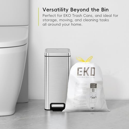 EKO 2.6 Gallon / 7-10 Liter, 80 Count Small Drawstring Trash Bags, Extra-Strong Unscented Garbage Bags, Easy-Dispense Roll for Kitchen & Household Use, Resists Tears, Leaks and Punctures, Code B White - Image 3