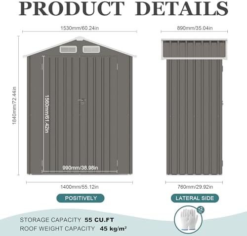 5x3x6FT Outdoor Storage Shed, Galvanized Steel Garden Shed with Lockable Door & Window, Waterproof Metal Tool Storage for Garden, Backyard, Patio, Lawn(Peak Roof) - Image 6