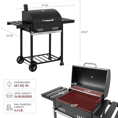 Royal Gourmet Movable Charcoal BBQ Grill with Foldable Side Shelves, Black - Image 2