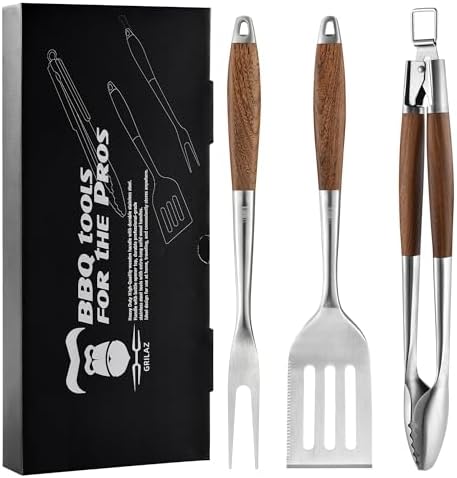 Heavy-Duty ​Dikela Wooden BBQ Grilling Tools Set. Extra Thick Stainless Steel Multi-Function Spatula, Fork & Tongs | Essential Accessories for Barbecue & Grill. Ideal Gift for Father by Grilaz