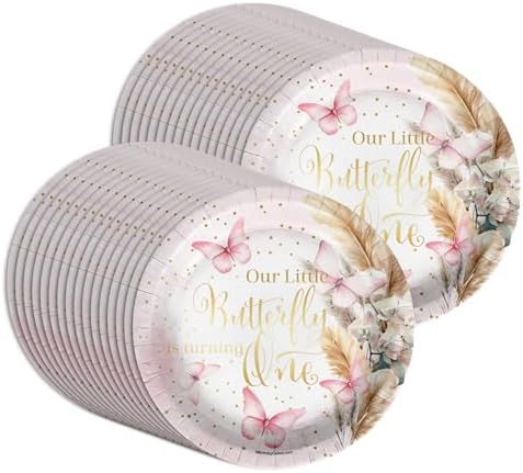 Butterfly Girl's First Birthday - 32 Piece Disposable Party Supplies - Decorations for Floral 1st Birthday Round Party Plates - Large 9" Paper Plates In Bulk - Image 5