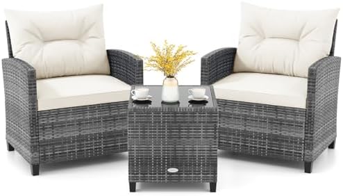 KOTEK 3 Piece Patio Furniture Set, Outdoor PE Rattan Conversation Set with Washable Cushions & Tempered Glass Tabletop, Wicker Chairs and Table Set for Porch, Garden, Balcony (White) by KOTEK