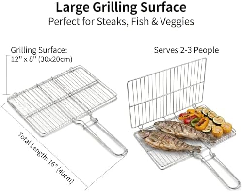 Stainless Steel Fish Grill Basket for Outdoor BBQ, Heavy Duty Lockable Grilling Rack for Fish Vegetables Steak Veggies Shrimp Meat, Portable Campfire Cooking Mesh Grate Tool, 12 x 8 Inch - Image 2