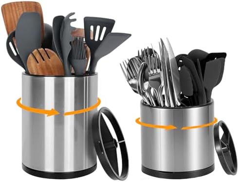 Nigelia Set of 2, Extra Large Kitchen Utensil Holder, 360° Rotating Stainless Steel Cooking Utensil Holder for Countertop, 3 Compartment Flatware Organizer (Silvery) by Nigelia