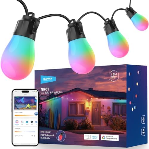 NEEWER NR01 144ft Outdoor String Lights App Control Smart AI RGB IC W Light by Neewer