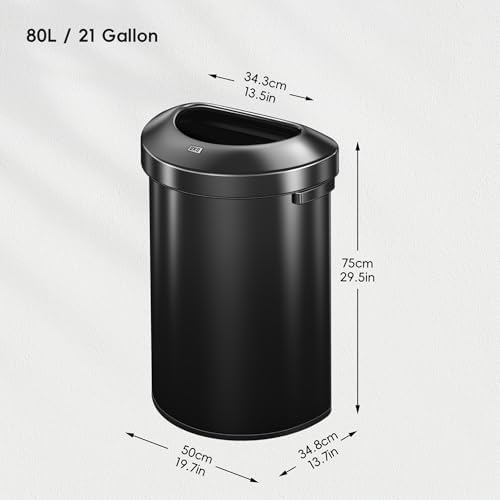EKO Urban 21 Gallon Semi-Round Open Top Waste Bin, Stainless Steel Half Round Commercial Trash Can for Indoor and Outdoor, Extra Large Garbage Bin for Home, Office, Restaurant, 80L, Matte Black - Image 4