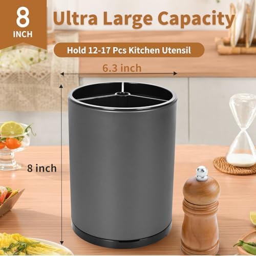 Nigelia Extra Large Kitchen Utensil Holder - 360° Rotating Stainless Steel Cooking Utensil Holder for Countertop, 3 Compartment Flatware Organizer & Utensil Caddy with Removable Base（Grey） - Image 2