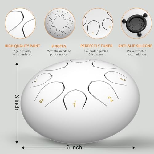 Rain Drum for Outside Garden, 6 Inches 8 Notes Steel Tongue Drums, Waterproof Meditation Echo Rain Chime, Musical Instruments for Adult Gift with Bag, Music Book, Mallets (White) - Image 3