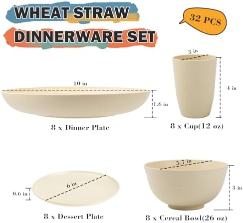 Wheat Straw Dinnerware Sets for 8, 32 PCS Unbreakable Plates and Bowls Sets, Kitchen Dish Set - Dinner Plate/Dessert Plate/Cereal Bowl/Cup, for Outdoor Camping RV Apartment Essentials - Beige - Image 2