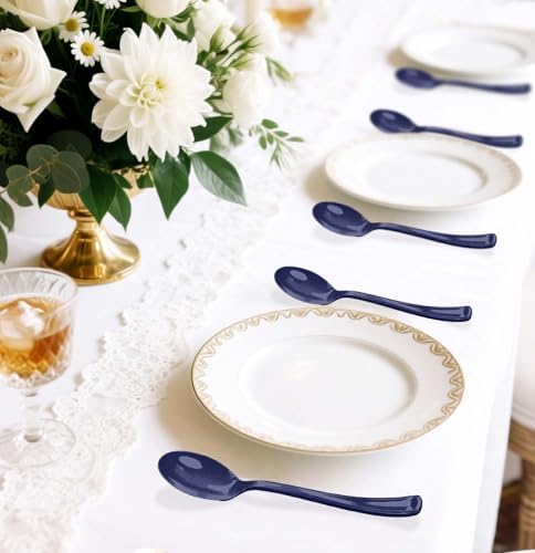 SietDESEO 50 PCS Navy Blue Plastic Spoons Disposable Utensils Heavy Duty Navy Blue Spoons Disposable Cutlery for Birthday Wedding Baby Shower Bridal Shower Plastic Silverware - Image 6
