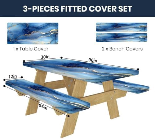CAPSCEOLL Picnic Table Cover with Bench Covers 8ft - Dark Blue Marble - Image 2