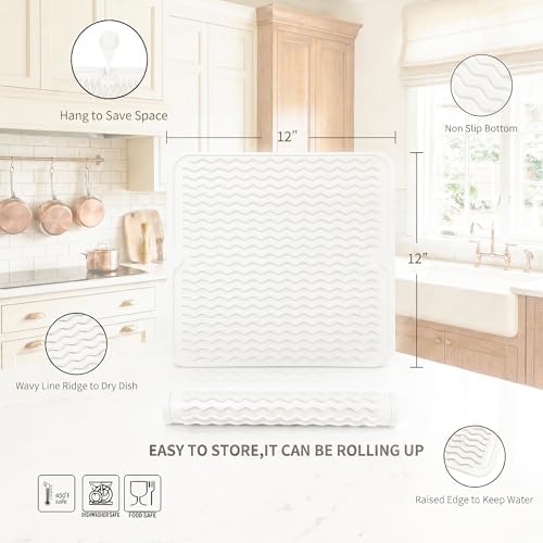 MicoYang Silicone Dish Drying Mat for Multiple Usage,Easy clean,Eco-friendly,Heat-resistant Silicone Mat for Kitchen Counter or Sink,Refrigerator or Drawer liner White M 12 inches x 12 inches - Image 2