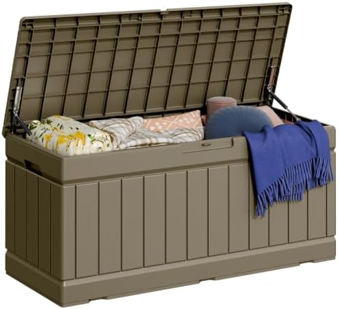 Greesum 82 Gallon Resin Deck Box All Weather Large Outdoor Storage for Patio Furniture, Toys, Garden Tools, Lockable, Light Coffee by BuynowfromGreesum