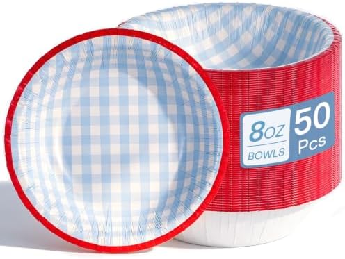 50 Pcs Small Paper Bowls, 8 oz Disposable Gingham Bowls, Soak Proof, Cut Proof, Microwave Safe Compostable Checkered Bowl for Ice Cream, Snack, Buffalo Plaid Birthday Party Supplies (Blue) by DTFMZOV