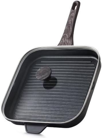 SENSARTE Nonstick Grill Pan with Lid, Grill Pan for Stove Tops, Versatile Griddle with Pour Spouts, Square Big Cooking Surface, Durable Skillet Indoor & Outdoor Grilling. PFOA Free by SENSARTE