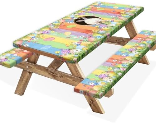 Easter Picnic Table Cover with Bench Covers, Cute Bunny Flower Colorful Wooden Board Camping Tablecloth, Waterproof Windproof, Fitted Tablecloth Cover with Elastic Edge, for Outdoor, 3 PCS, 30x96 Inch by Xguatan