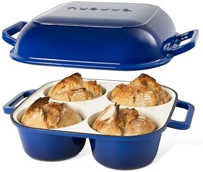 QuadPro Enamelled Cast Iron Bread Loaf Pot – Dutch Oven for Sourdough Bread Baking – 500°F Oven Safe Non Stick Bread Pot – 4 Round Loaf Spaces (4.90-inch Diameter), Dark Blue – by Nuovva by Nuovva