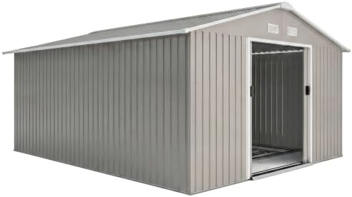 Outsunny 11' x 13' Outdoor Storage Shed, Garden Tool Metal Shed with Foundation Kit, Double Lockable Door, Air Vents and Sloping Roof, for Backyard, Patio, Lawn, Light Gray by Outsunny