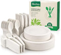 250 Piece Biodegradable Paper Plates Set (EXTRA LONG UTENSILS), Disposable Dinnerware Set, Eco Friendly Compostable Plates & Utensil include Plates, Forks, Knives and Spoons for Party by Birchio