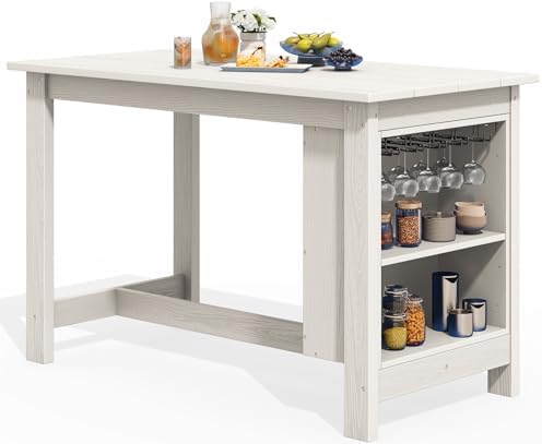 SERWALL Outdoor HDPE Counter-Height Bar Table with Storage Rack, White by SERWALL