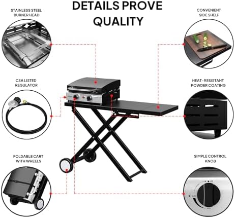 Bonnlo Foldable Flat Top Grill with 2 Burner & Lid, Powerful 20,000 BTU Propane Gas Grills with Ignition, Enamel Griddle, Side Shelf & Portable Cart with Wheels for Outdoor Camping Hibachi Grill Use - Image 4