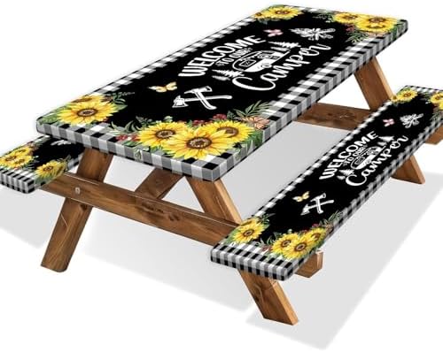 Sunflower Plaid Picnic Table Cover with Bench Covers and Bag, Camping Essentials, Checkered Floral Waterproof Windproof, Fitted Tablecloth Cover with Elastic Edge, Garden & Outdoor, 3 PCS, 30x96 Inch by Xguatan