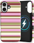 for iPhone 16 Case, Magnetic Matte Frosted Dual-Layer Striped Phone Case for Women, Retro Aesthetic Cover Compatible with Mag Safe Accessories - Berry Sage by YKCZL