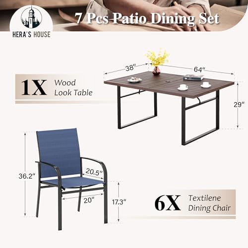HERA'S HOUSE 7pc Outdoor Patio Dining Set, Wood-Look Metal Table, Blue - Image 6