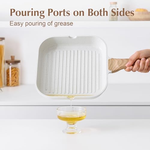 SENSARTE Nonstick Ceramic Grill Pan with Lid, Grill Pan for Stove Tops, Square Grilling Pan with Pour Spouts, Durable Grill Skillet for All Stoves, Steak Bacon Pan, Non Toxic PTFE,PFAS,PFOA Free - Image 5