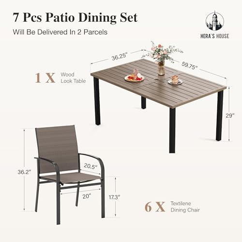 HERA'S HOUSE 7pc Patio Dining Set, Outdoor Wood-Like Metal Table & 6 Chairs - Image 6