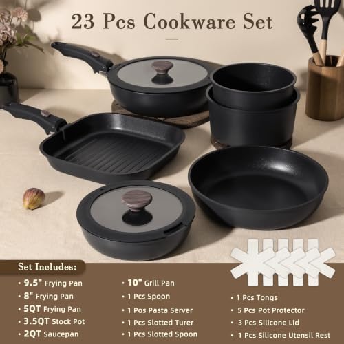 Astercook 23 Pcs Pots and Pans Set Non Stick, Ceramic Cookware Set Detachable Handle, RV Kitchen Cooking Set Removable Handles, Oven Safe, Induction Ready, Stackable, Black, Mothers Day Gifts - Image 7