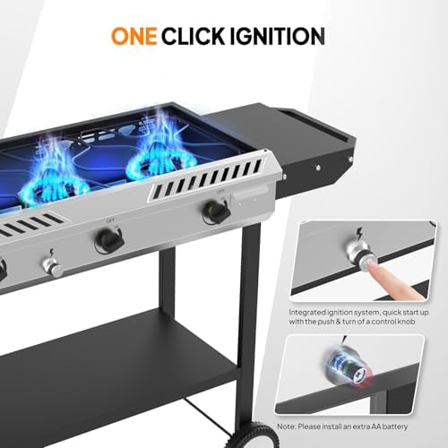 ROVSUN 3 Burner Outdoor Propane Gas Stove with Griddle, Ignition & Side Shelves, 225,000 BTU Powerful Gas Stove Outdoor Cooker for Backyard Patio Cooking Home Camping Grilling Canning Turkey Frying - Image 4