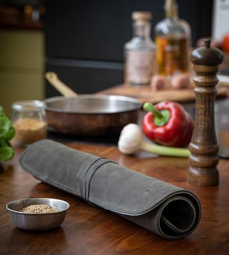Angus Stoke Knife Bag for Chefs–knife Roll Bag leather 7 slots – Leather Knife Case Noah (green-olive) - Image 2