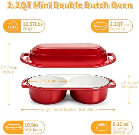 Mini Double Dutch Oven For Sourdough Bread Baking, 2.2QT Enameled Cast Iron - Image 5