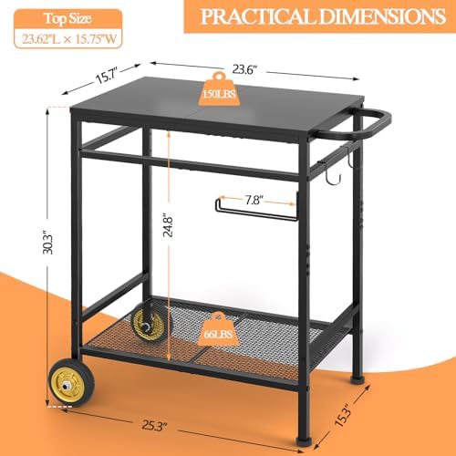 2-Tier Outdoor Grill Table with Wheels, Movable Cooking Food Prep Table for Outside BBQ Gathering, with 23.62" Lx 15.75" W Rust-resistant Tabletop, Griddle Stand for Patio & Backyard & Tools Room - Image 2