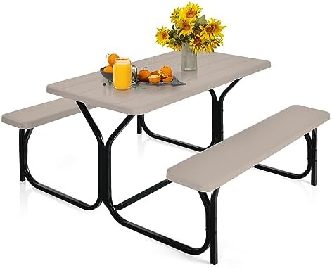ORALNER Picnic Table, Plastic Dining Table & 2 Benches Set, Weather Resistant Wood Grain Resin Tabletop & Steel Frame, Picnic Tables for Outdoors, Porch Yard Patio Lawn Party Camping (Light Brown) by ORALNER