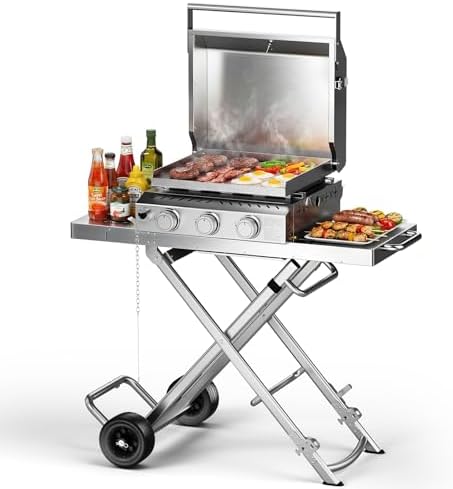 Heavy-Duty 3-Burner Propane Gas Griddle, Portable Griddle with Collapsible Stand, Full Stainless Steel Construction, 24,000 BTU Flat Top Gas Grill Griddle for Camping, Tailgating, Backyard & Patio by Electactic