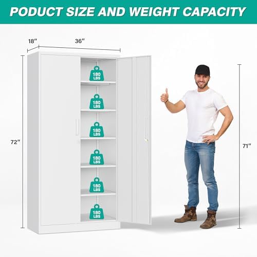 Wide & Deep Metal Storage Cabinet with 2 Doors and 5 Adjustable Shelves,White Locking Metal Cabinet,Large Garage Storage Cabinets,Lockable Tall Pantry Cabinets for Home,Office,Garage,Shop 72x36x18 - Image 2