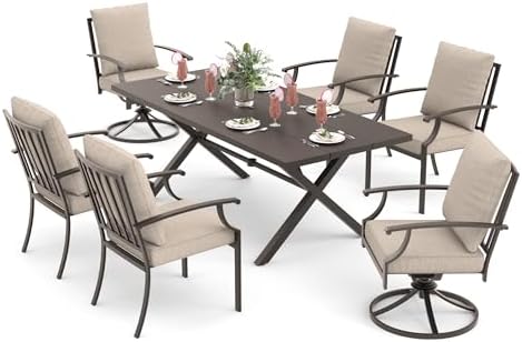 ALAULM 7-Piece Patio Dining Table and Chairs for 6 Outdoor Dining Set with 2 Swivel Chairs Patio Dining Sets with Rectangular Metal Table with Umbrella Hole for Patio, Backyard, Garden-Sand - Image 7