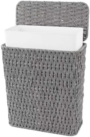 Coeusy 3 Gallon Paper Rope Bathroom Trash Can,Small Wicker Trash Cans with Lid and Liner,Woven Rattan Narrow Waste Basket for Bedroom,Office,Grey by WEAVECOMFORTINTOEVERYCORNER