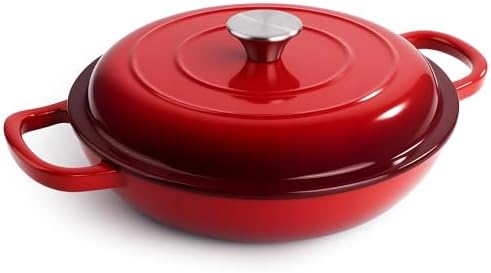 3 Quart Enameled Cast Iron Braiser, Non Stick Enameled Cast Iron Skillet with Lid, Dutch Oven Skillet with lid up to 500°F for Oven, Stove, Grill, Shallow Dutch Oven for Cook, Bake (Red) by Fijinhom