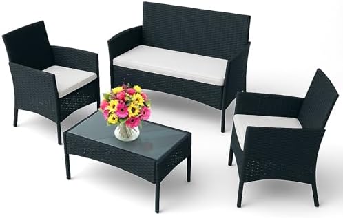 EconoHome 4-Piece Outdoor Patio Furniture Set - Patio Set with 2 Rattan Chairs, 1 Loveseat & 1 Glass -Top Coffee Table - Weather-Proof Wicker with Cushions - Conversation Set for Porch, Balcony, Lawn by EconoHome
