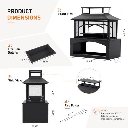 Aoxun 36" Outdoor Fire Pit with Wood Storage, Steel Wood Burning Fireplace with Mesh Spark Screen & Poker, Patio Heater with Removable Ash Pan for Backyard, Garden, Deck - Image 5