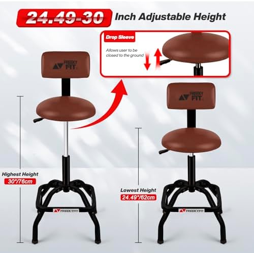 Shop Stool with Backrest, Mechanic Garage Stool for Workshop, Adjustable Shop Stools Chair, Padded Workbench Stools for Men Women, 300 LBS Capacity, 360° Swivel PVC Seat, Heavy Duty, Brown - Image 2