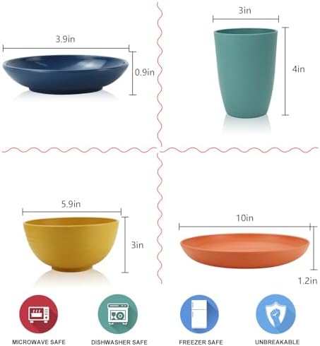 Wrova Wheat straw plates and bowls sets of 16 - Unbreakable wheat straw dinnerware sets for kids - Alternative plastic dinnerware set service for 4 - Microwave safe and Dishwasher safe bowls. Colorful - Image 2