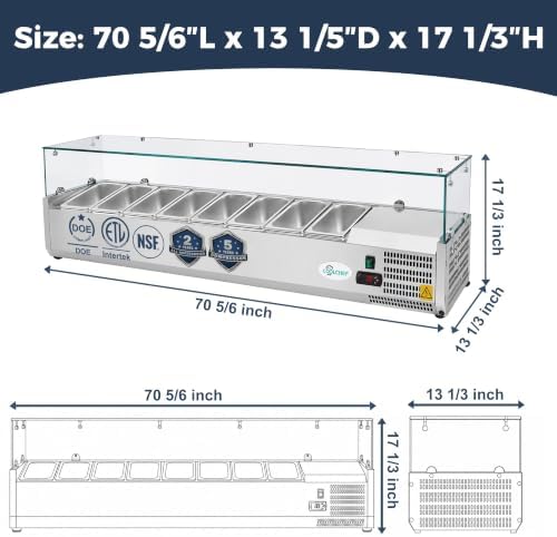 COOLCHEF 71-Inch Refrigerated Condiment Prep Rail, 8 x 1/4 GN Pans - Image 2